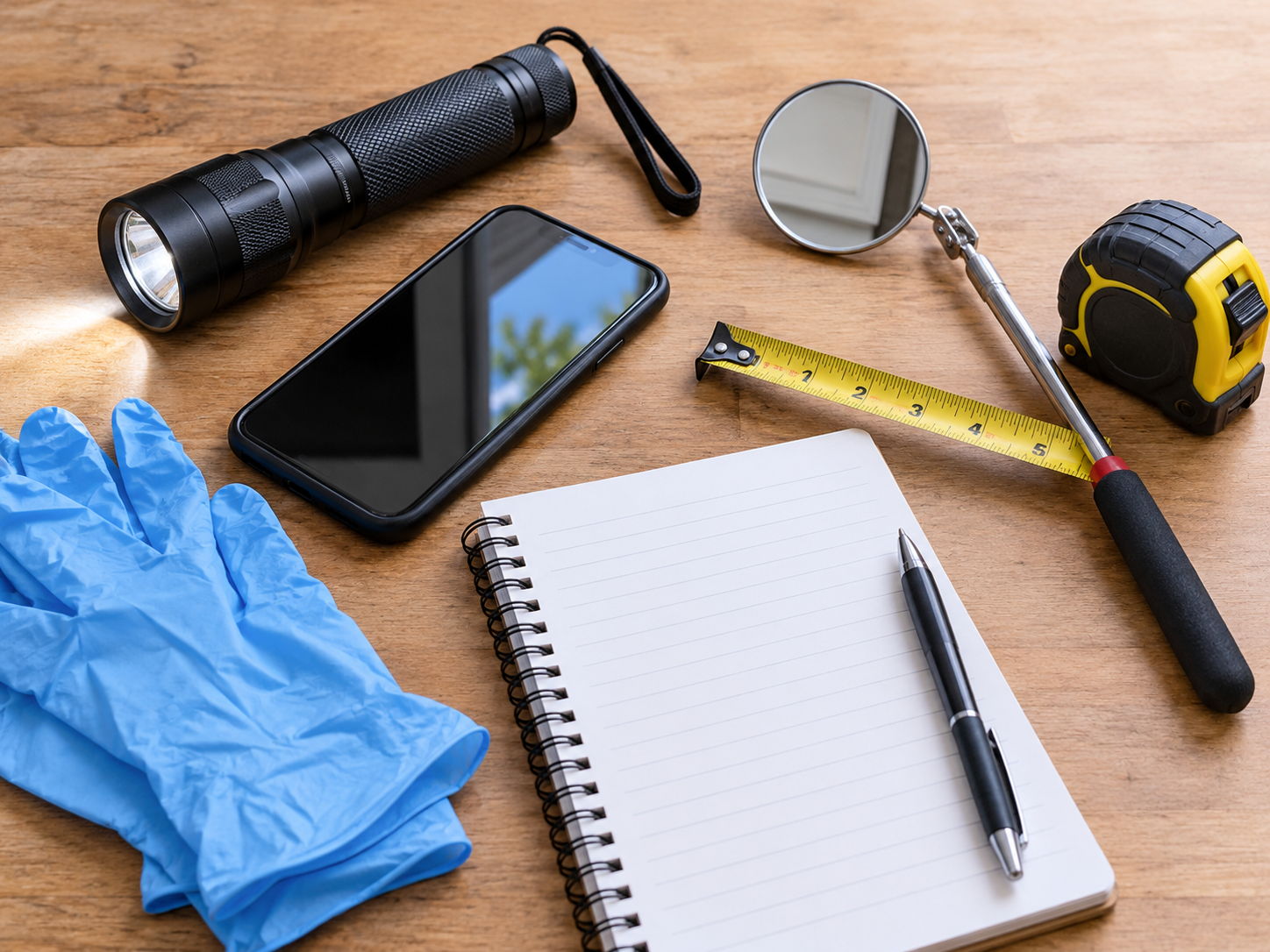 Flashlight, phone camera, inspection mirror, tape measure, gloves and notebook for checking mouse entry points