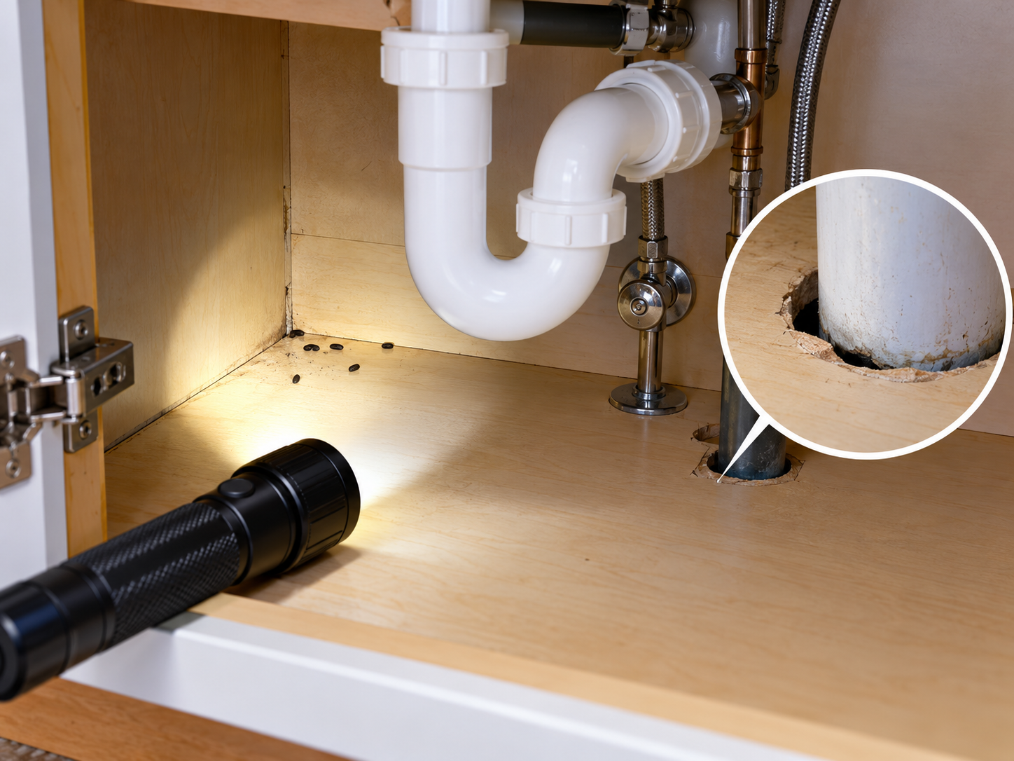Illustrative under-sink inspection showing mouse droppings and a gap around plumbing