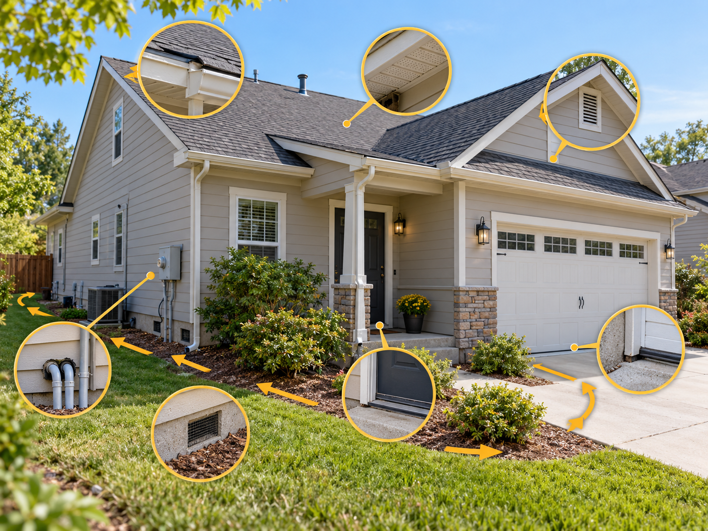 Illustrative route for inspecting a house exterior for possible mouse entry points