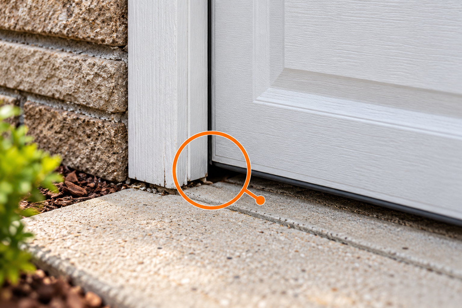 Gap at the lower corner of a garage door where mice may enter
