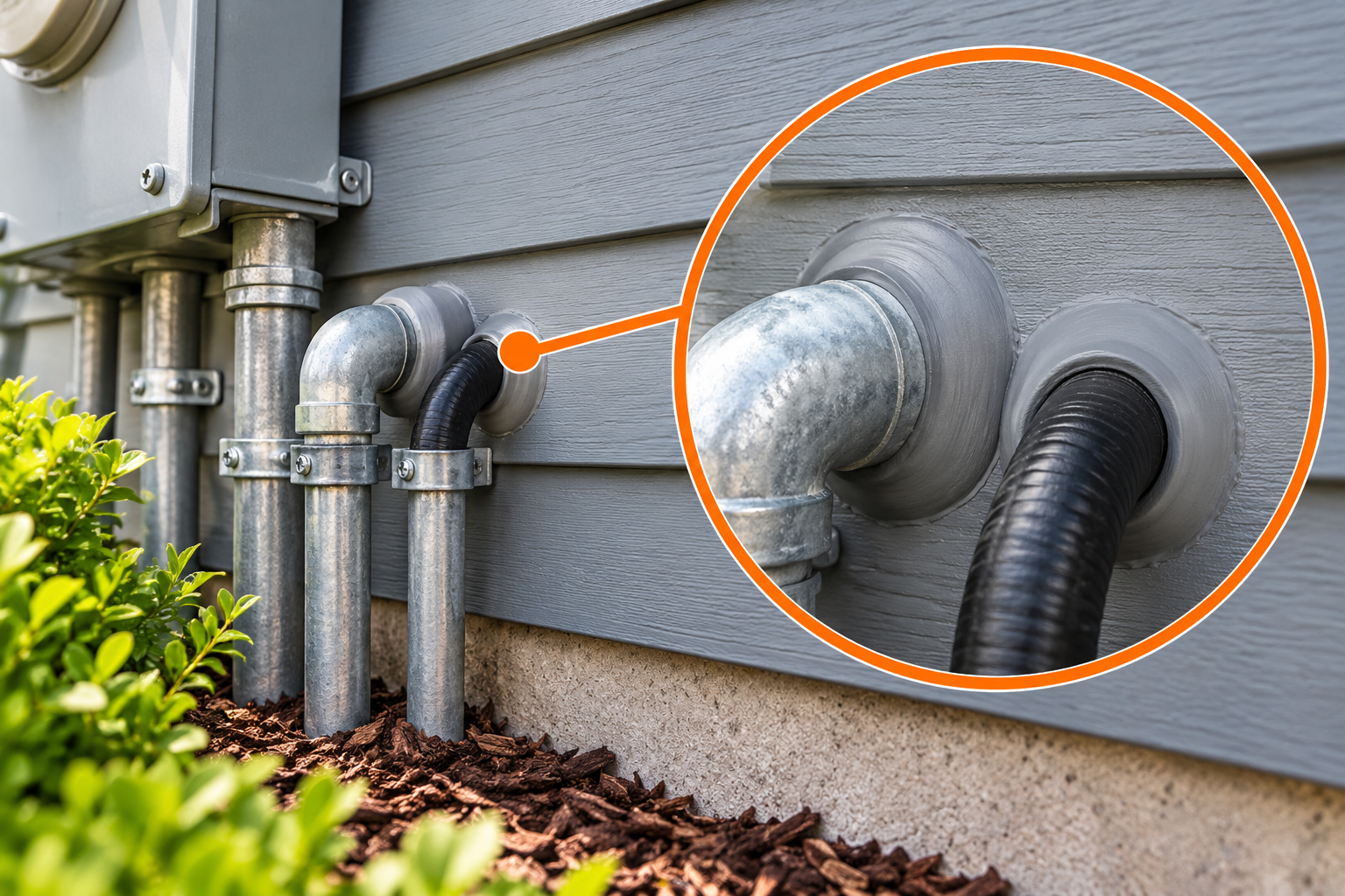 Sealed utility pipe penetrations through an exterior house wall