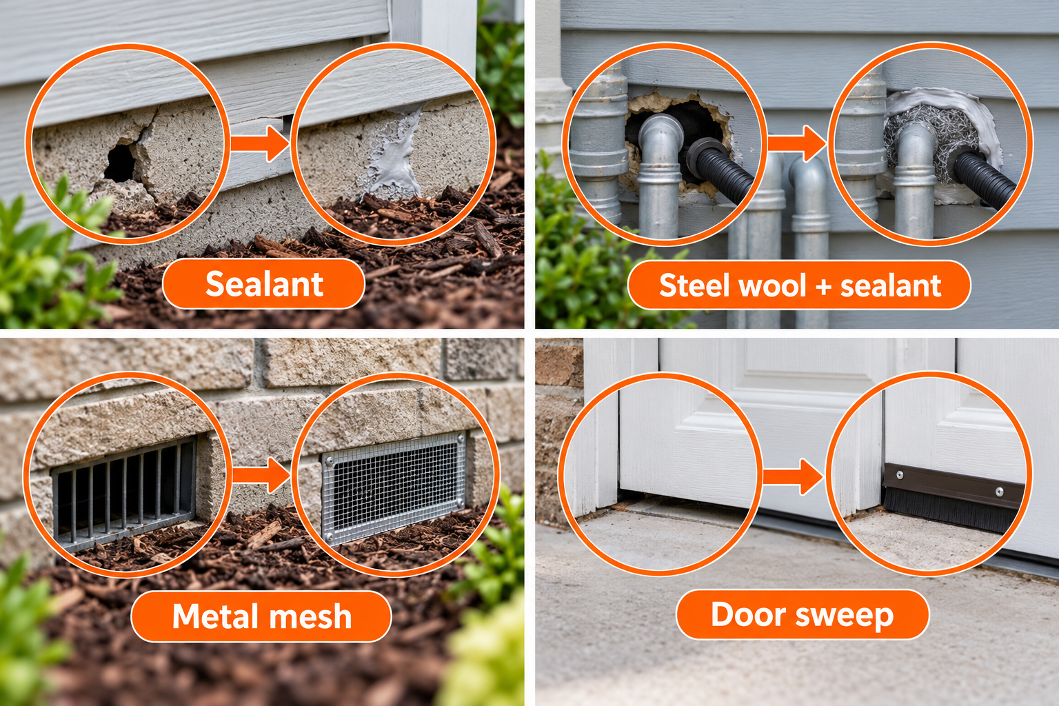 Examples of rodent-proofing repairs including sealant, steel wool, metal mesh and a door sweep