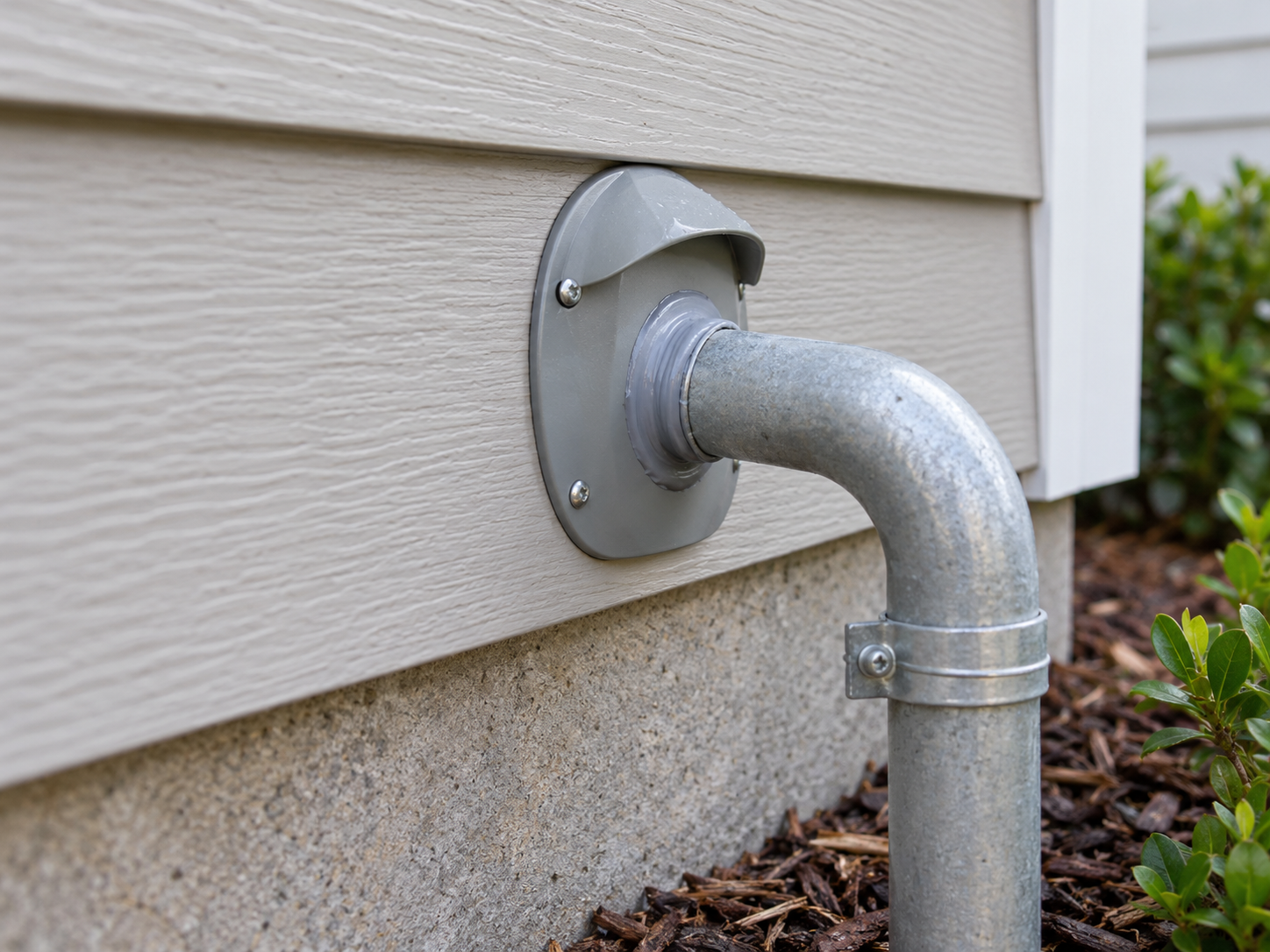 Illustrative exterior pipe penetration with a cover and sealed joint
