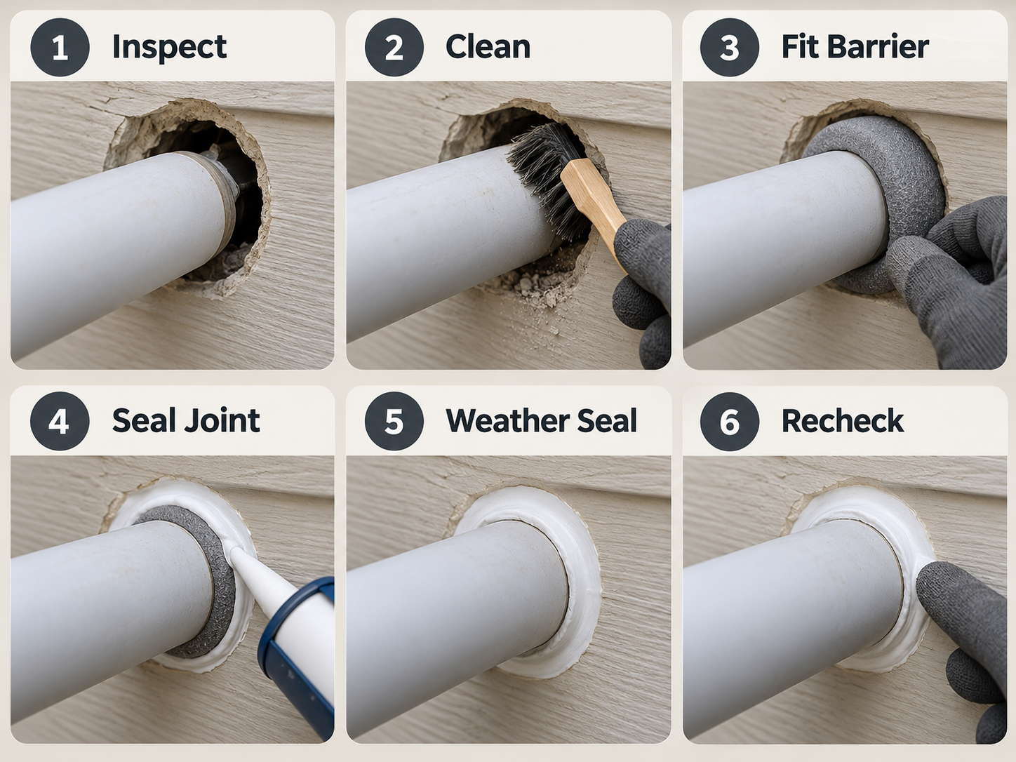 Illustrative six-panel overview of inspecting, preparing, fitting, sealing and rechecking a pipe gap