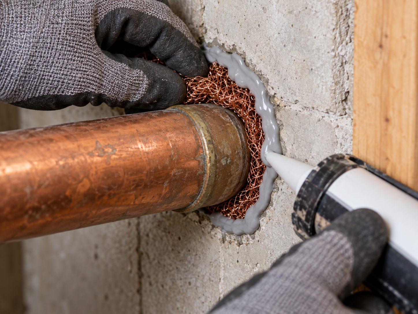 Illustrative copper mesh and sealant around a copper pipe penetration